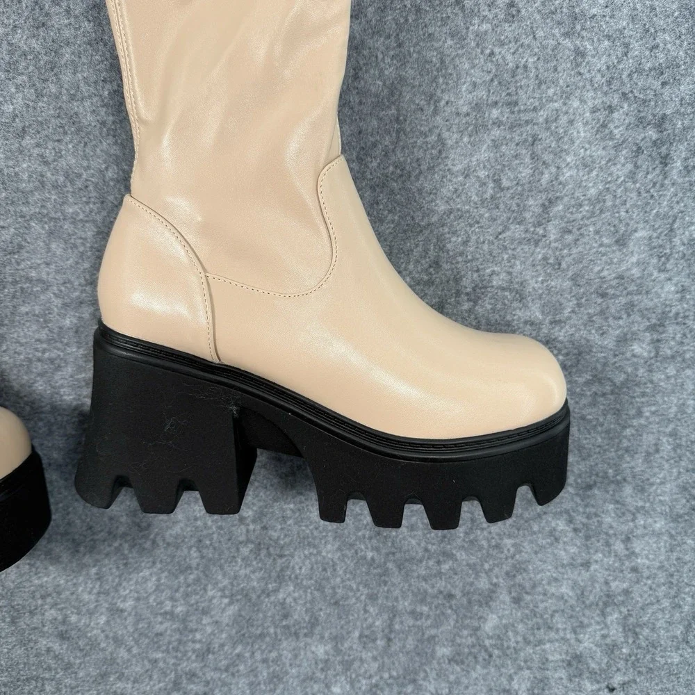 Loverboy Boots Womens 6.5 Over The Knee Block Heel Platform Side Zip Nude Chunky